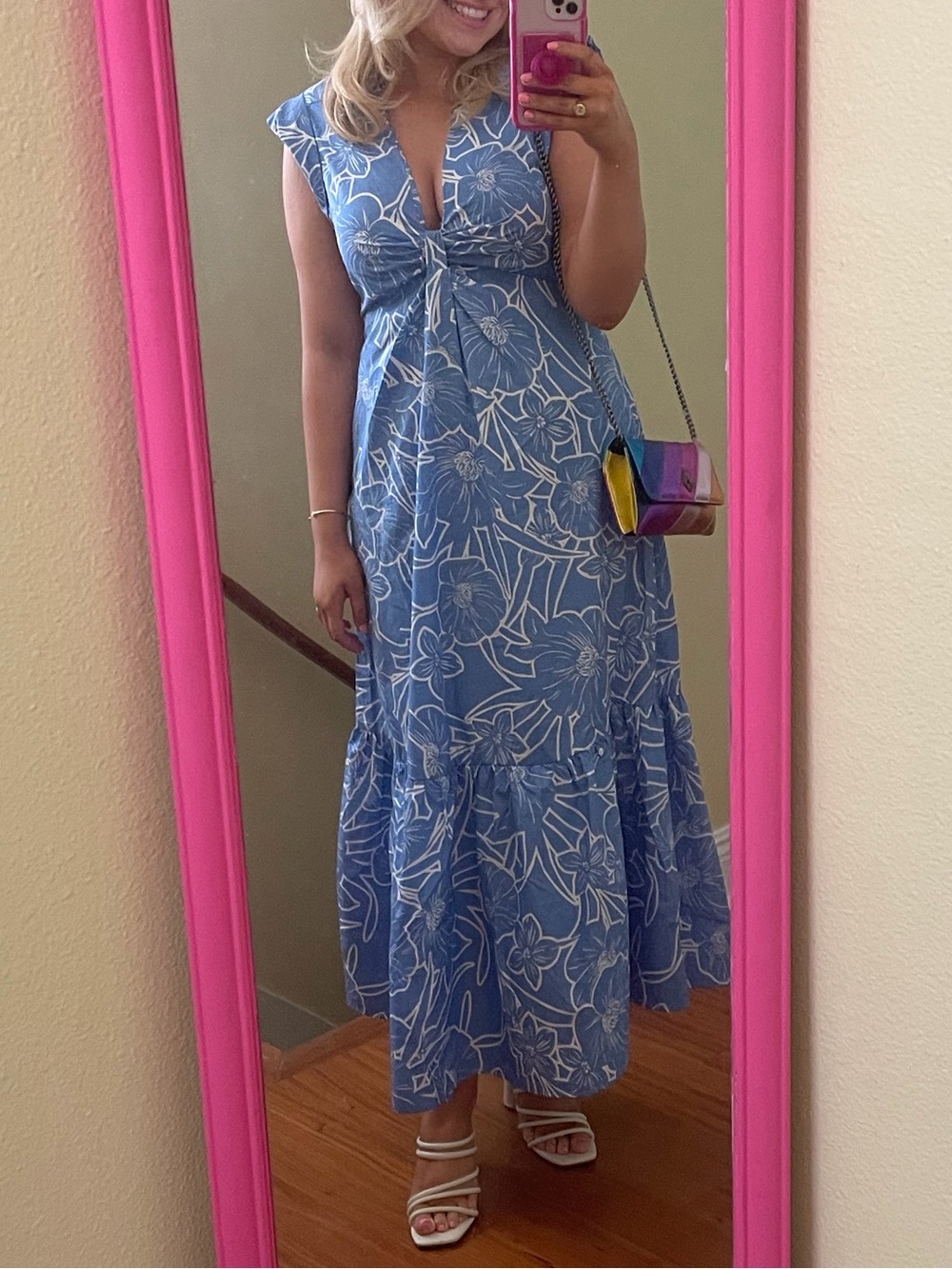 Steve Madden Blue Floral V-Neck Tiered Maxi Dress